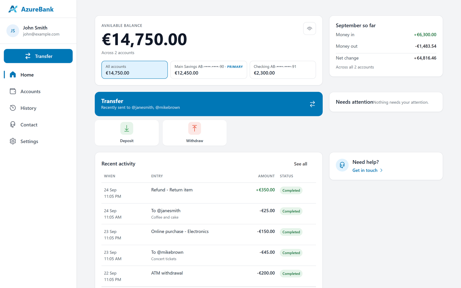 The AzureBank dashboard: the balance across two accounts, this month's money in and out, a transfer shortcut naming recent payees, and the latest movements.