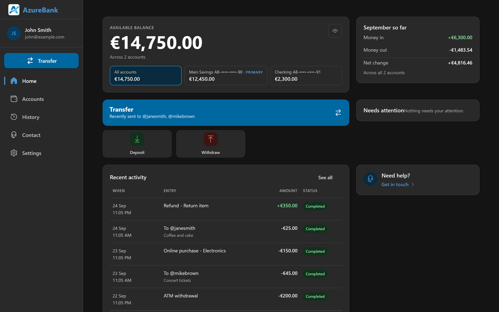 The AzureBank dashboard on a desktop, dark theme: the menu, the balance across two accounts, a transfer shortcut, deposit and withdrawal, and the latest movements.