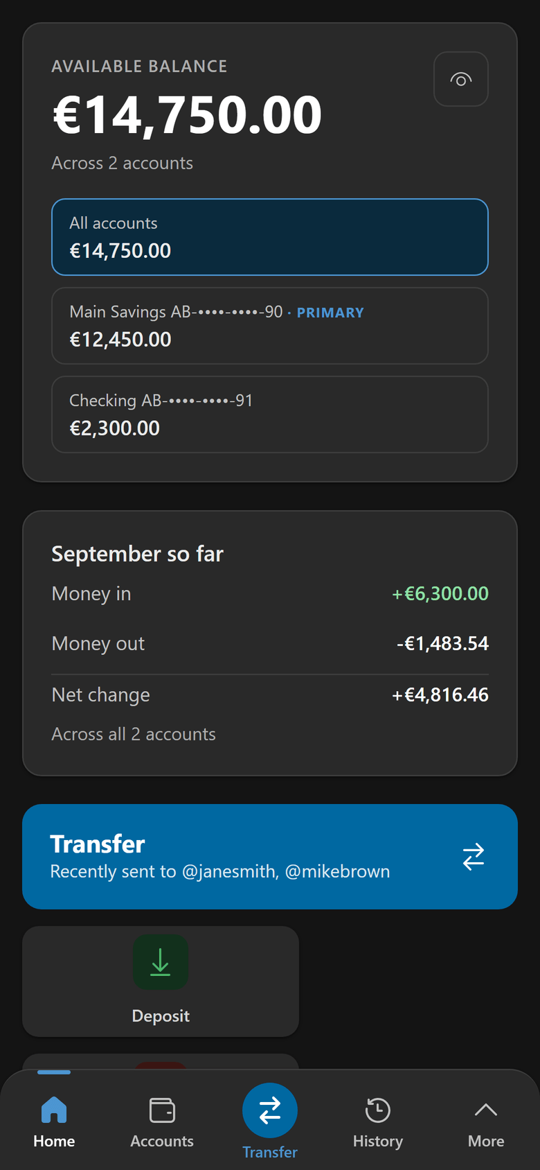 The same dashboard on a phone, dark theme: the available balance and the two accounts.