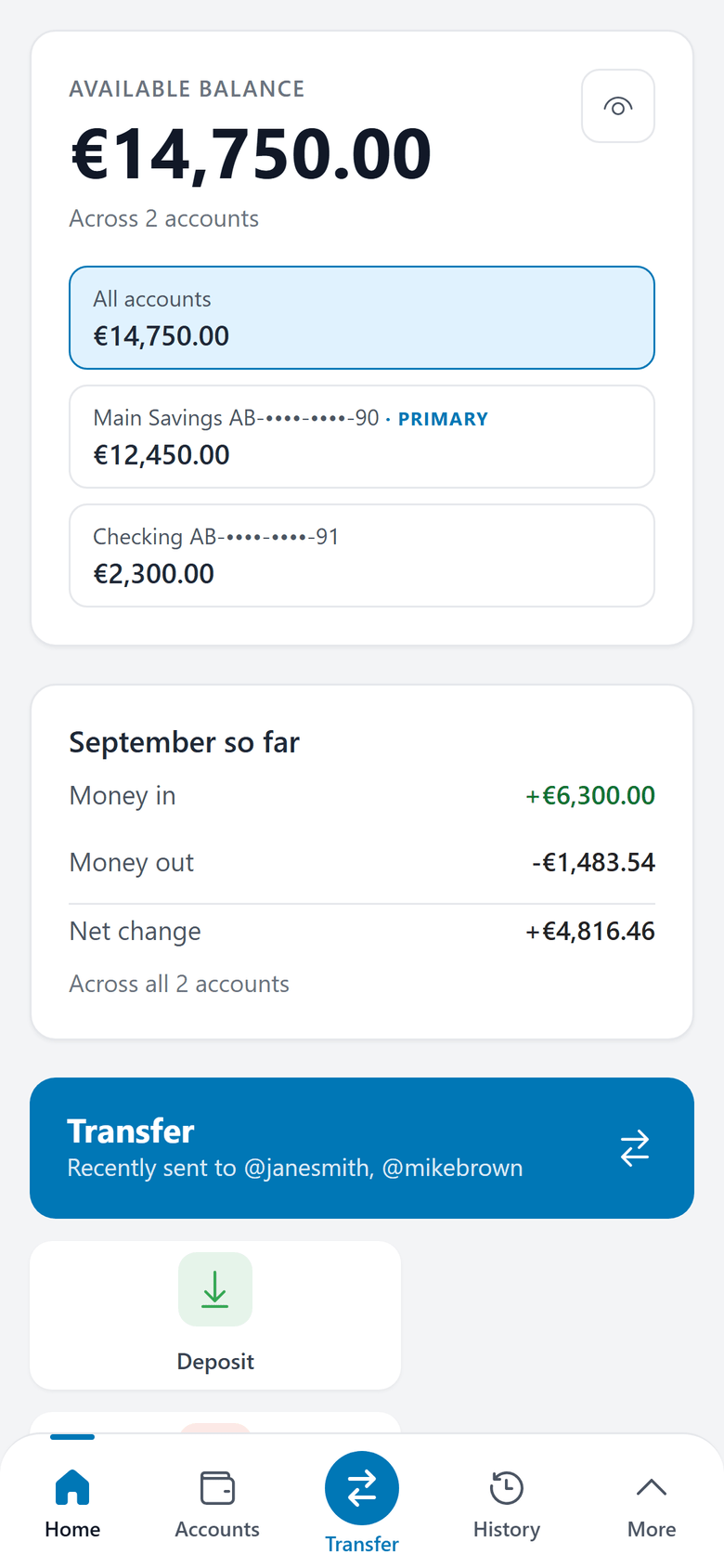 The same dashboard on a phone: the available balance and the two accounts.
